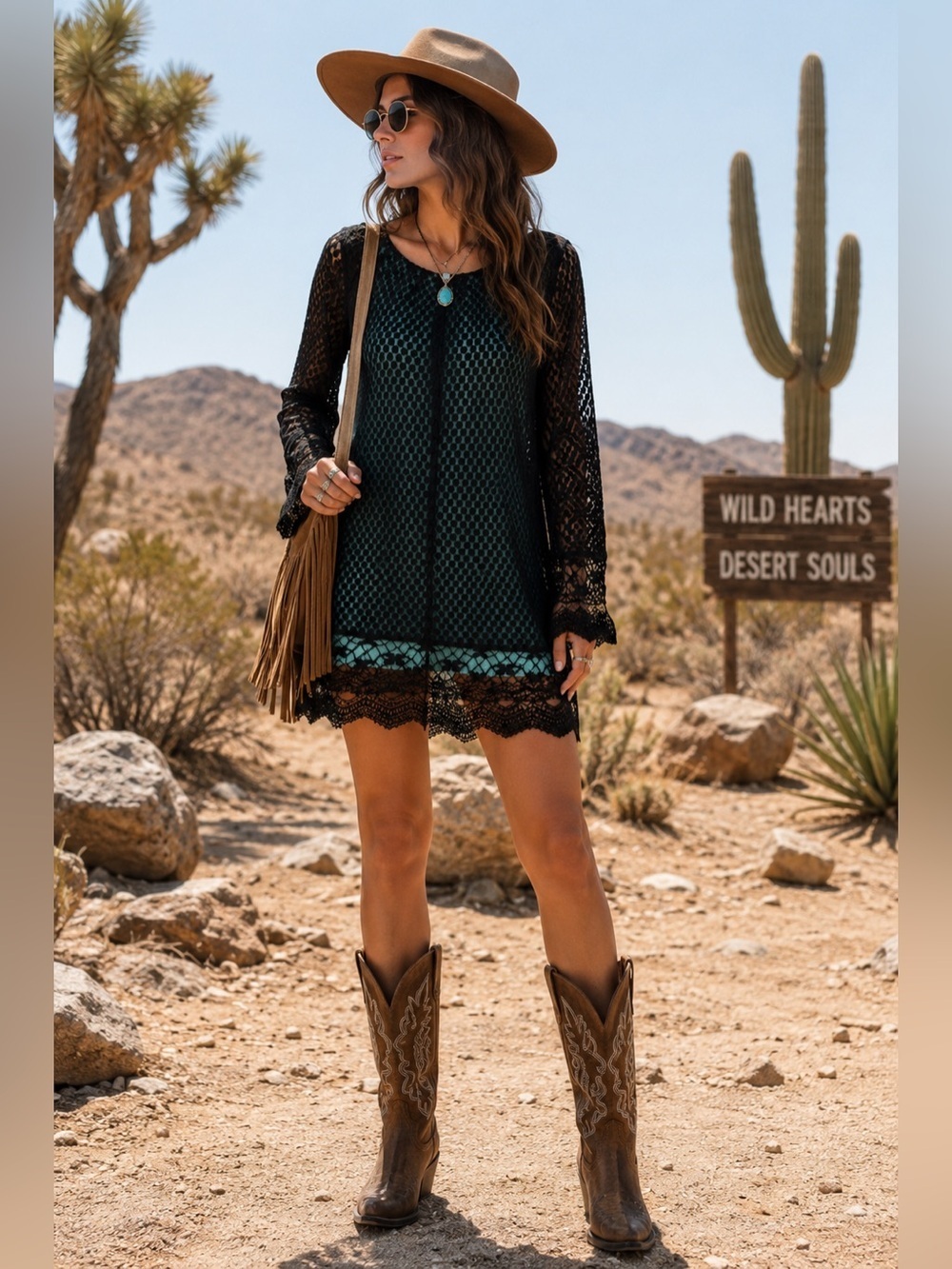 UMGEE Black Lace Top Tunic Teal Lining Mesh Dot Lace Western Boho Lg